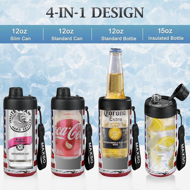 Max&So Sealed Can Cooler Fizz Lid Can Cover for 12 oz Regular, Slim Skinny Cans & As Thermal Bottle, 4-in-1 Insulated Vacuum Stainless Steel Carbonated Cold Drink Holder -America Flag - Image 5